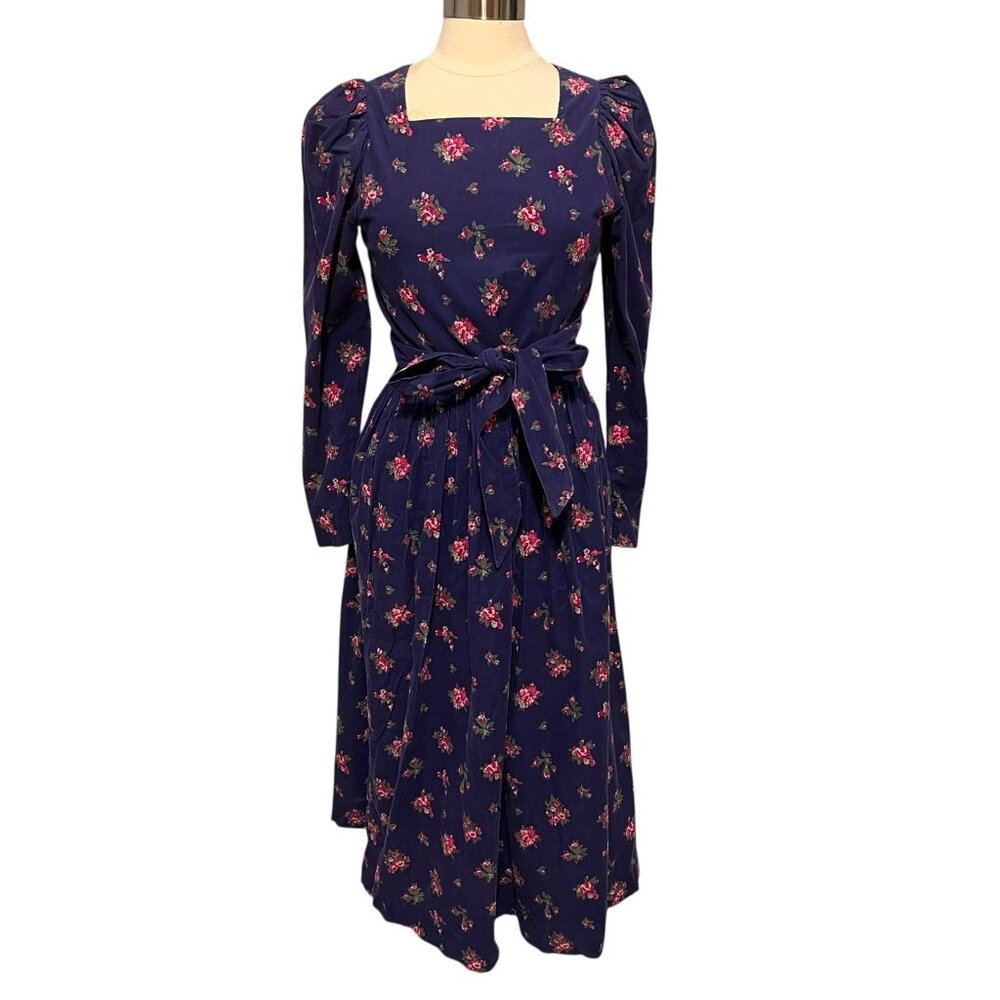 VINTAGE Laura Ashley Floral Cottagecore Corduroy Midi Dress Long Sleeve